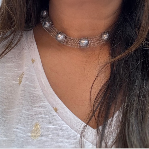 Necklace with Metallic Mesh Detail in Silver Tone | 15” Long. - Picture 1 of 7